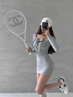 YoungGirlDay纯欲性感修身 包臀连衣裙短裙 显瘦单排扣拼接褶皱长袖
