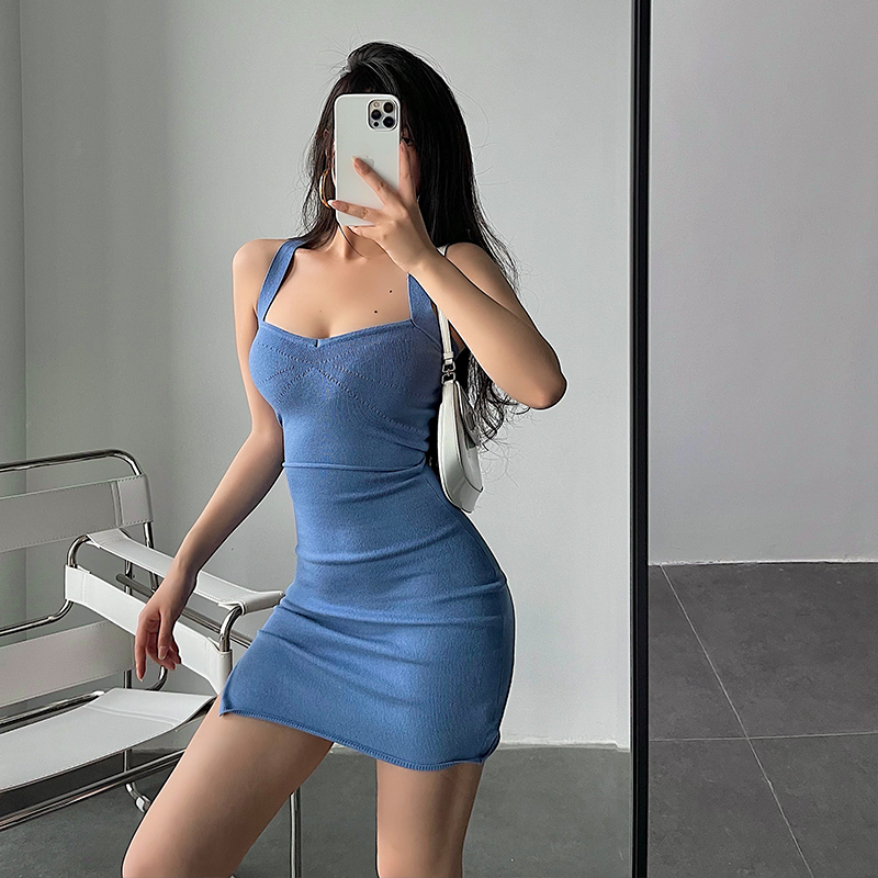 YoungGirlDay 欧美性感紧身显瘦后背交叉包臀开叉针织连衣裙短裙