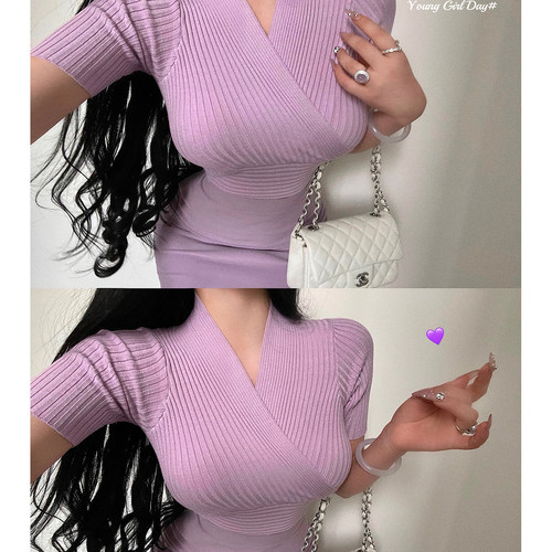 交叉V领修身收腰短袖针织T恤上衣