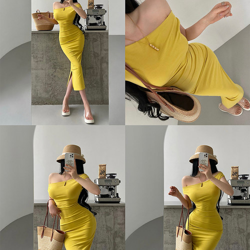 一字肩褶皱收腰中长款包臀连衣裙