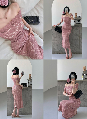 YoungGirlDay纯欲性感一字肩修身显瘦包臀后开叉中长款蕾丝连衣裙
