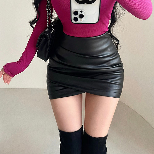 性感高腰褶皱包臀pu皮半身裙短裙