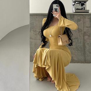 包臀鱼尾连衣裙 中长款 YoungGirlDay步步生莲纯欲风修身 显瘦喇叭袖