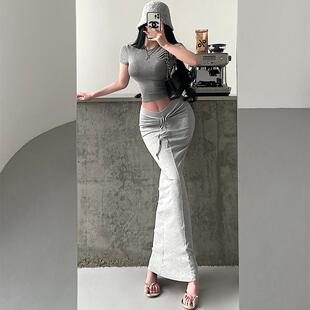 YoungGirlDay卡戴珊性感V形裤 腰紧身显瘦抽绳褶皱包臀半身裙长裙