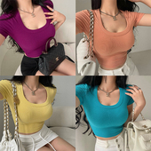 露脐弹力纯色短袖 YoungGirlDay欧美基础款 U领紧身显瘦短款 T恤上衣