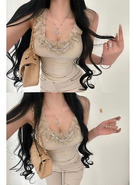 YoungGirlDay纯欲韩系古早氛围感拼接毛领带钻无袖打底背心上衣女