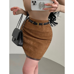 YoungGirlDay御姐性感高腰显瘦后开叉中长款 麂皮包臀半身裙含腰带