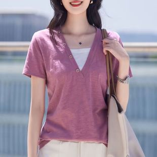 宽松百搭洋气上衣体恤 夏2024新款 纯棉V领纽扣假两件短袖 t恤女时尚