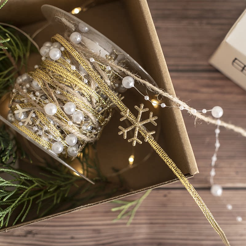 金色雪花闪光圣诞树装饰 圣诞节花环布置丝带 礼物包装麻绳捆扎带