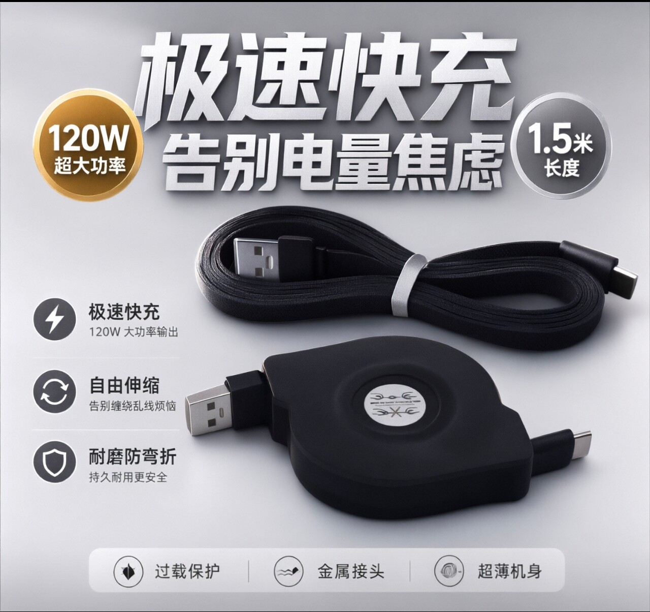 防冻Typec伸缩数据线适用小米闪充120W华为安卓苹果超级快充扁线