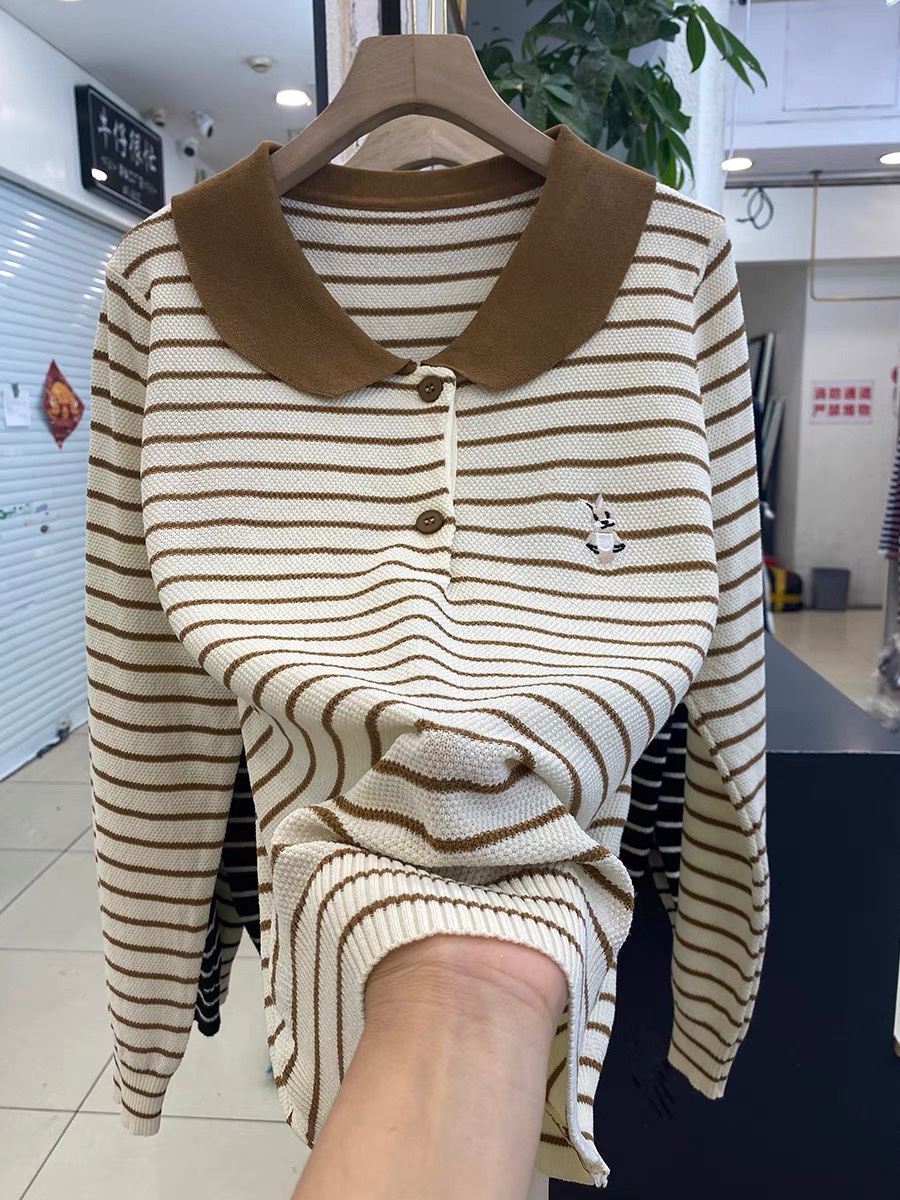 赔钱清货娃娃领条纹针织衫新刺绣上衣打底衫外穿减龄2024春秋t恤