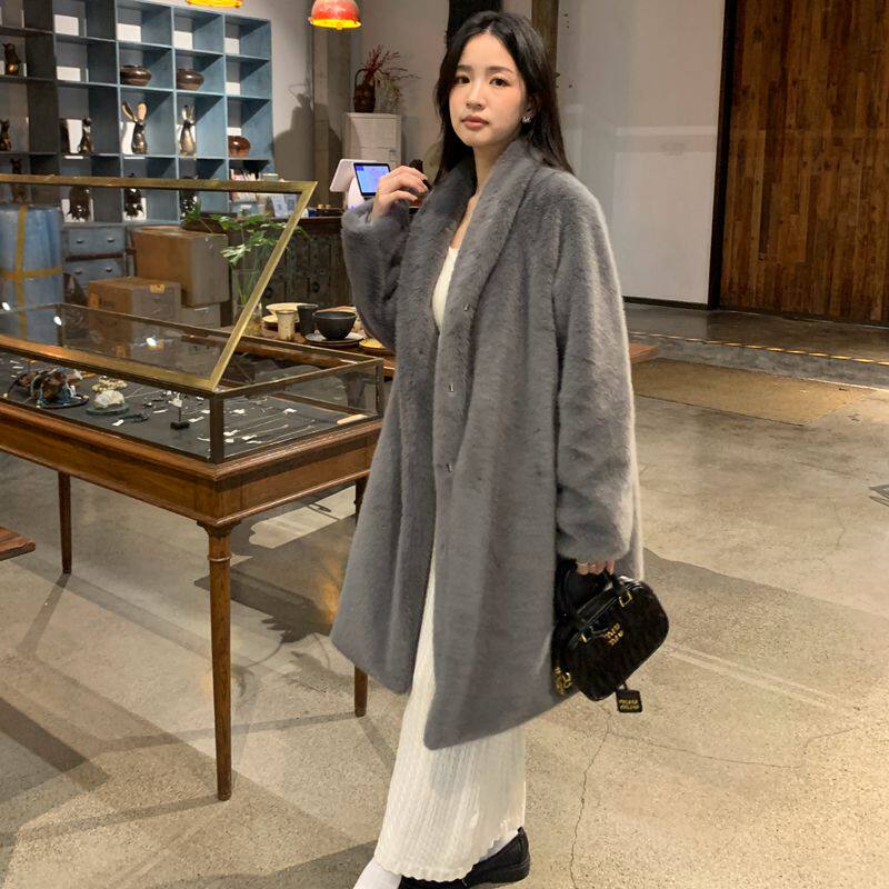 2023冬季新款仿水貂绒皮草外套女中长款宽松保暖显瘦环保毛毛大衣