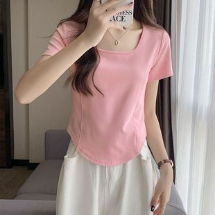 T恤女 夏季 新款 设计感显瘦不规则鱼骨短款 上衣多巴胺穿搭方领短袖