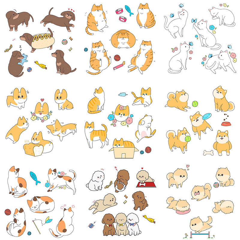 可爱卡通手绘简笔画橘猫柯基泰迪狗表情包元素贴纸psd设计素材