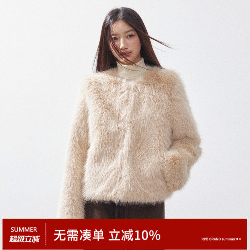 RPB BRAND 时髦复古环保皮草皮毛一体圆领短款毛毛冬季外套