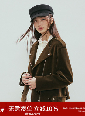 RPB BRAND 复古麂皮翻领机车风宽松夹克外套设计感短款拉链上衣