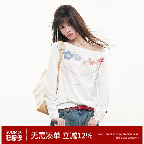 RPB BRAND透气韩系星星花卉项链斜肩长袖T恤百搭微透罩衫白色上衣