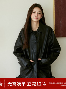 RPB BRAND韩系复古高级感黑色中长款翻领皮衣风衣外套女夹克上衣