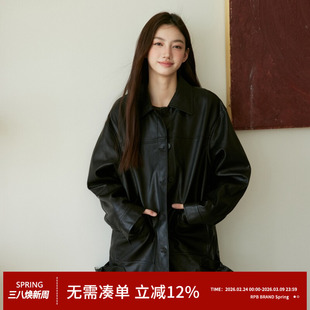 RPB BRAND韩系复古高级感黑色中长款翻领皮衣风衣外套女夹克上衣