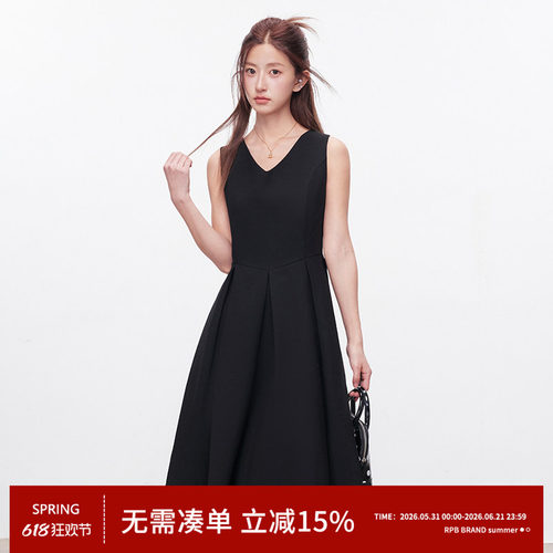 RPB BRAND 法式V领无袖小黑裙女高级感气质显瘦收腰赫本风连衣裙