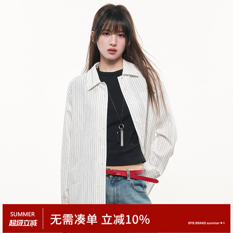 RPB BRAND韩式休闲泡泡棉透气条纹衬衫宽松翻领长袖简约百搭上衣