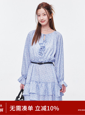 RPB BRAND碎花系带波点连衣短裙女灯笼长袖收腰蛋糕裙减龄仙女裙