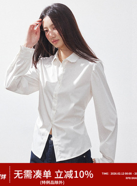 RPB BRAND 法式白色修身衬衫女长袖翻领通勤风收腰百搭上衣