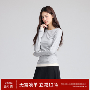 上衣 T恤假两件拼接撞色打底衫 RPB BRAND显瘦有弹腰部抽褶收腰长袖
