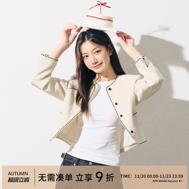 RPB BRAND 法式小香风短外套复古优雅黑白花边长袖圆领上衣女