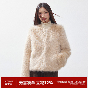 毛毛冬季 时髦复古环保皮草皮毛一体圆领短款 外套 BRAND RPB