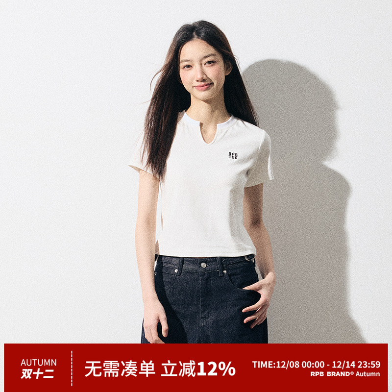 RPB BRAND潮牌纯色设计感V领修身短袖T恤女新款收腰正肩小上衣
