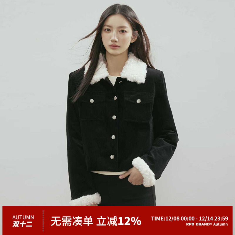 RPB BRAND夹棉毛领外套女秋冬小香风高级藏黑色毛绒保暖短款夹克