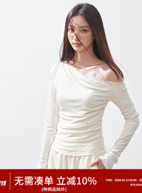 RPB BRAND 蕾丝拼接斜肩长袖T恤女修身显瘦设计感一字肩露肩上衣