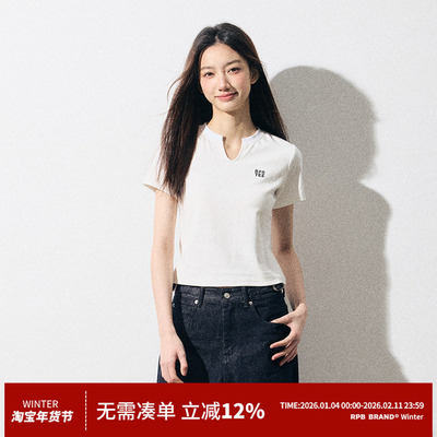 RPB BRAND潮牌纯色设计感V领修身短袖T恤女新款收腰正肩小上衣