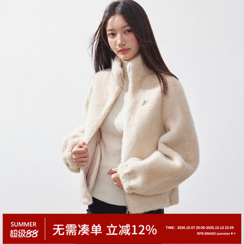 RPB BRAND 慵懒风保暖立领夹克仿皮草外套女短款宽松夹克上衣