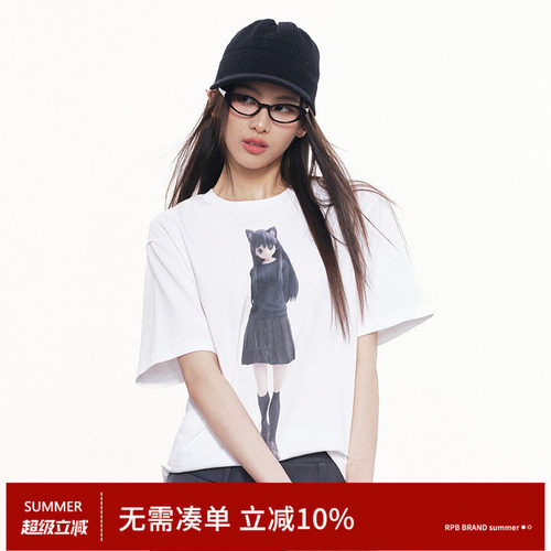 RPB BRAND二次元猫耳少女印花短袖T恤女纯色宽松圆领落肩袖上衣