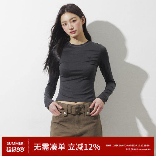 RPB BRAND亲肤细腻爽感显瘦辣妹风修身短款正肩圆领长袖t恤女上衣