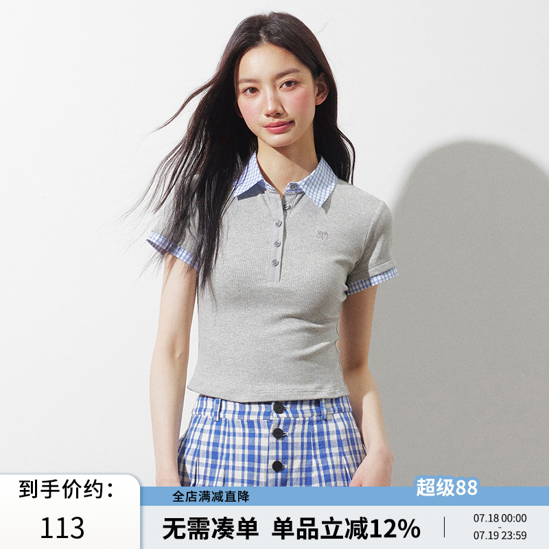 RPB BRAND 简约百搭格子POLO领拼接短袖T恤女修身显瘦百搭上衣