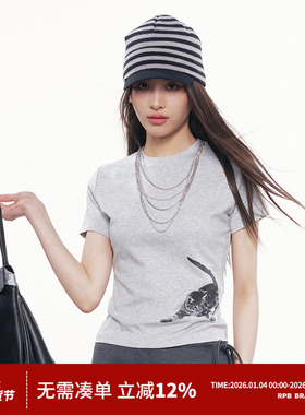 RPB BRAND 小猫印花短袖项链装饰T恤女灰色紧身百搭休闲上衣