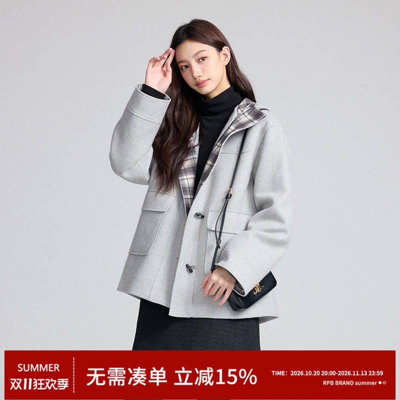 RPB Brand 新款格纹拼接连帽牛角扣设计感毛呢中长款外套女大衣