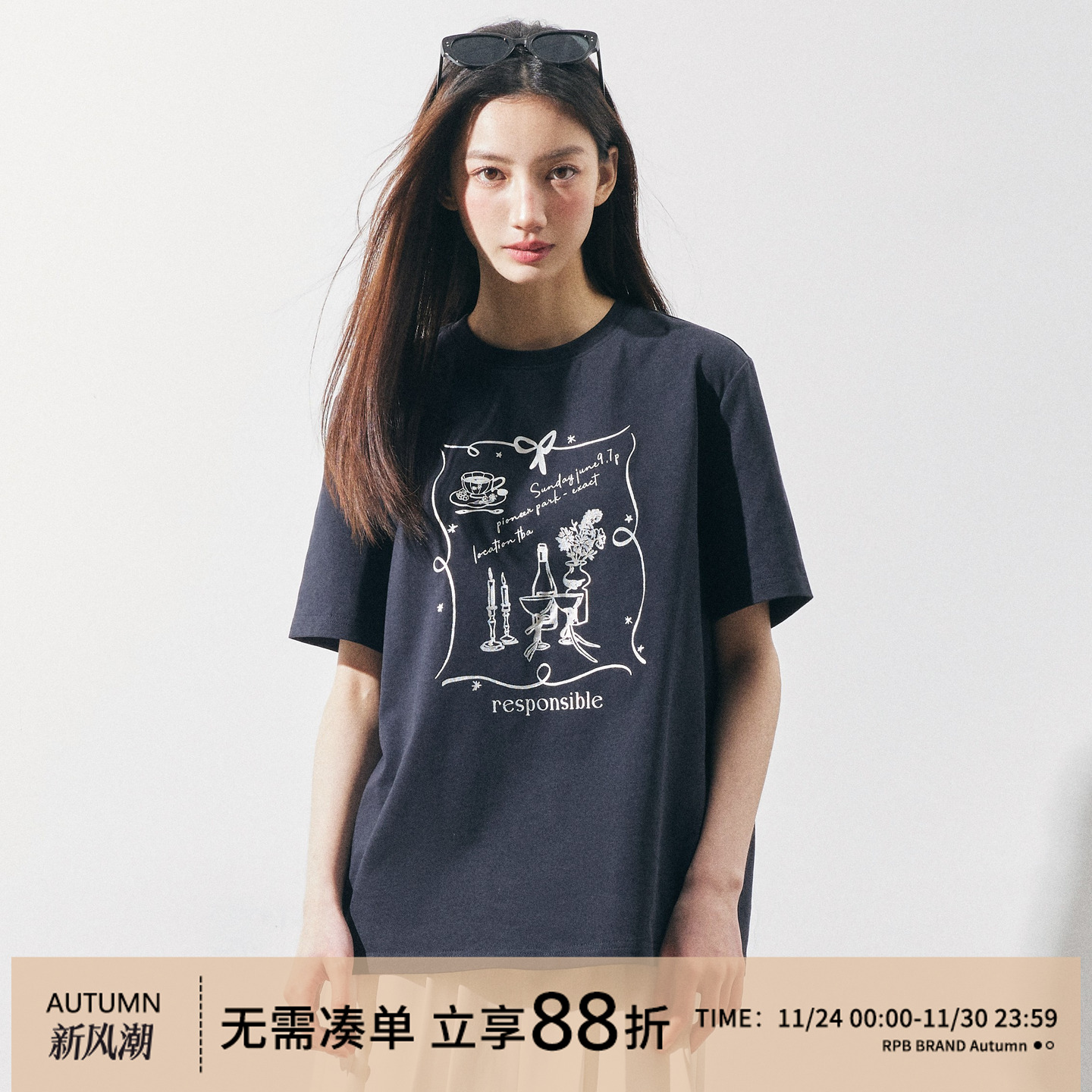 RPB BRAND全棉宽松情侣款复古印花圆领短袖T恤女休闲百搭上衣