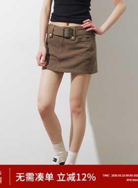 RPB BRAND 简约复古水洗腰带装饰做旧牛仔半身裙女显瘦A字短裙