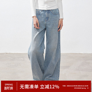 女宽松慵懒风显瘦直筒长裤 复古高腰闪钻阔腿牛仔裤 BRAND RPB