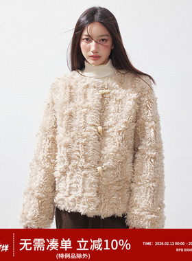 RPB BRAND 环保皮毛一体皮草毛毛外套女小个子牛角扣保暖上衣