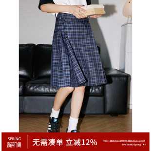 百褶半身裙显瘦学院风高腰A字裙伞裙 中长款 RPB BRAND格子高腰修身