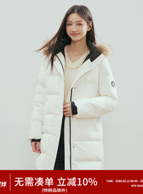 RPB BRAND毛领连帽超暖中长款90绒羽绒服白色派克服保暖外套