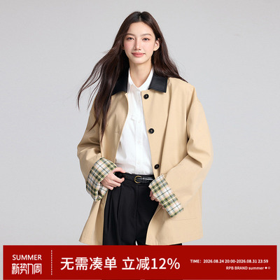 RPB BRAND巴恩风撞色格纹拼接中长款风衣外套高级宽松设计感大衣