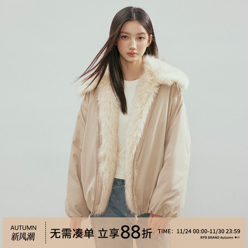 RPB BRAND 美式复古风座山雕毛领连帽棉服女冬季面包服外套