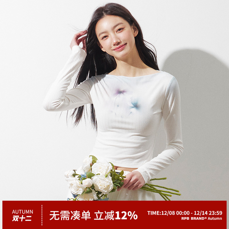 RPB BRAND 一字肩美式复古扎染印花长袖T恤女修身短款打底衫上衣