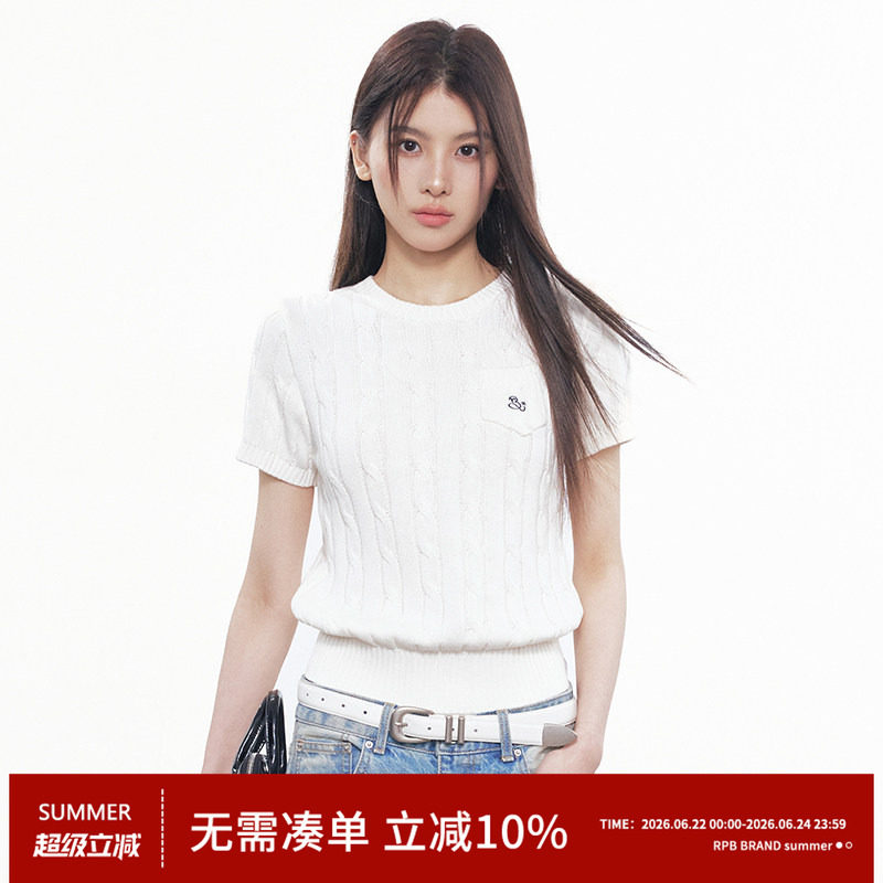 RPB BRAND 韩系通勤绞花纹理口袋短袖针织衫女百搭毛衣学院风上衣 - 实物图